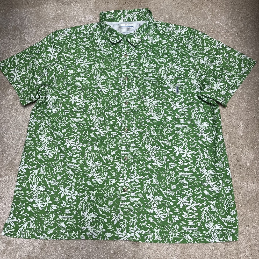 Columbia PFG Men's Fishing Outdoors Vented Hawaiian Shirt XL green Omni Shade